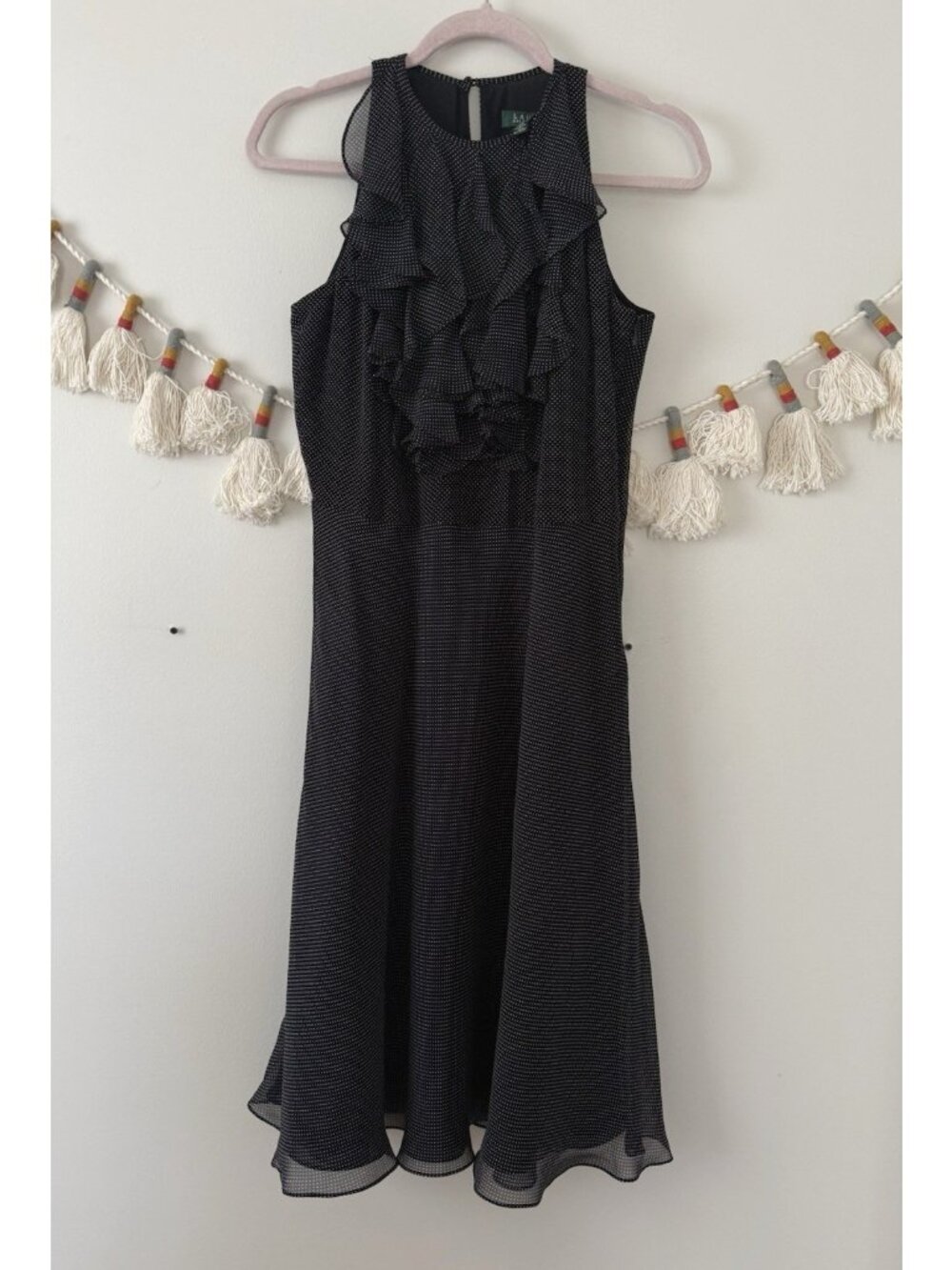 Vintage Lauren Ralph Lauren 100% Silk Pin Dot Ruffle Fit Flare Midi Dress 6